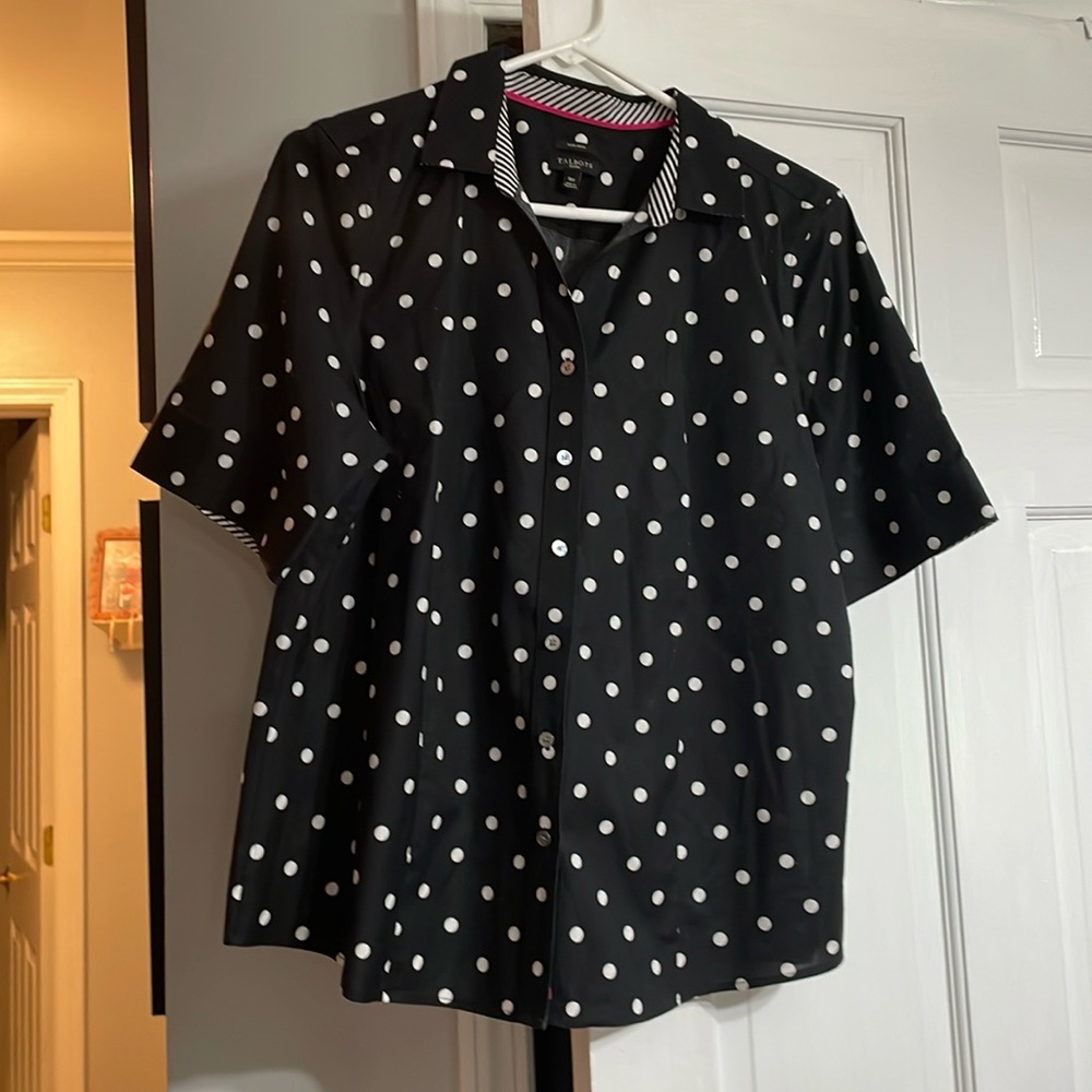 Talbots Petites Perfect Shirt Polka Dotted Short Sleeve Blouse Size 16p